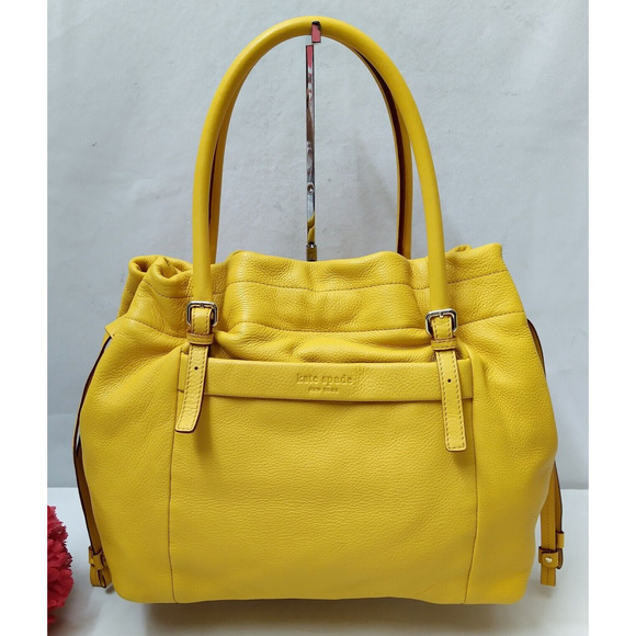 Kate Spade Yellow Pebbled Leather Drawstring Double Handle Satchel Shouder Bag - Picture 1 of 16